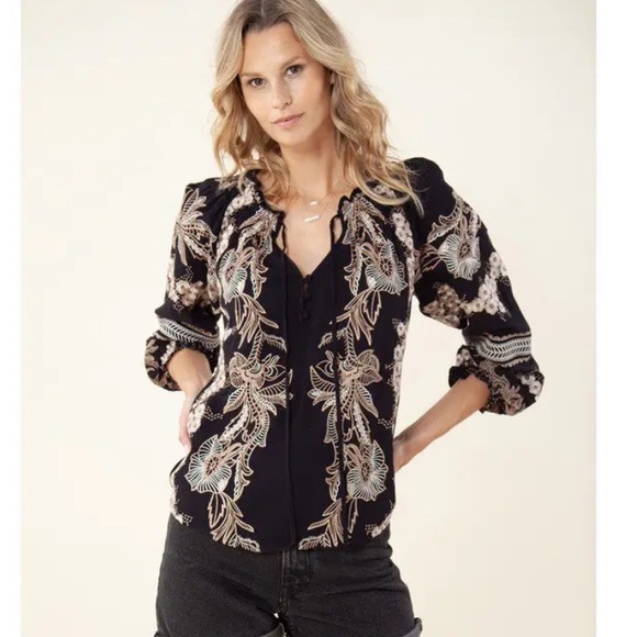 Hale Bob Mahina Embroidered Top Black Gold Long Sleeve Boho Fall Festival Large - Picture 1 of 10